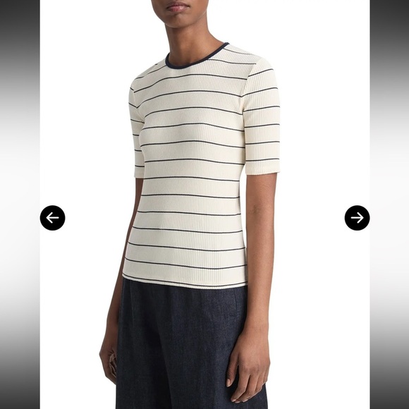 Vince Ribbed Elbow Sleeve Top XXS NWT Cream Blue Luxury Knit Tee - Picture 10 of 13